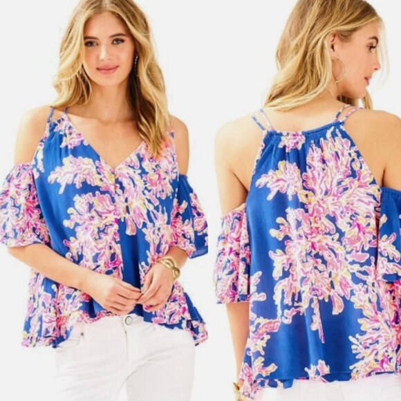Lilly Pulitzer Bellamie Cold Shoulder Top In Brilliant Blue Print 26514 - Picture 1 of 11